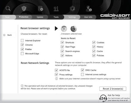 Browser reset: Restores default settings, removes hijacks