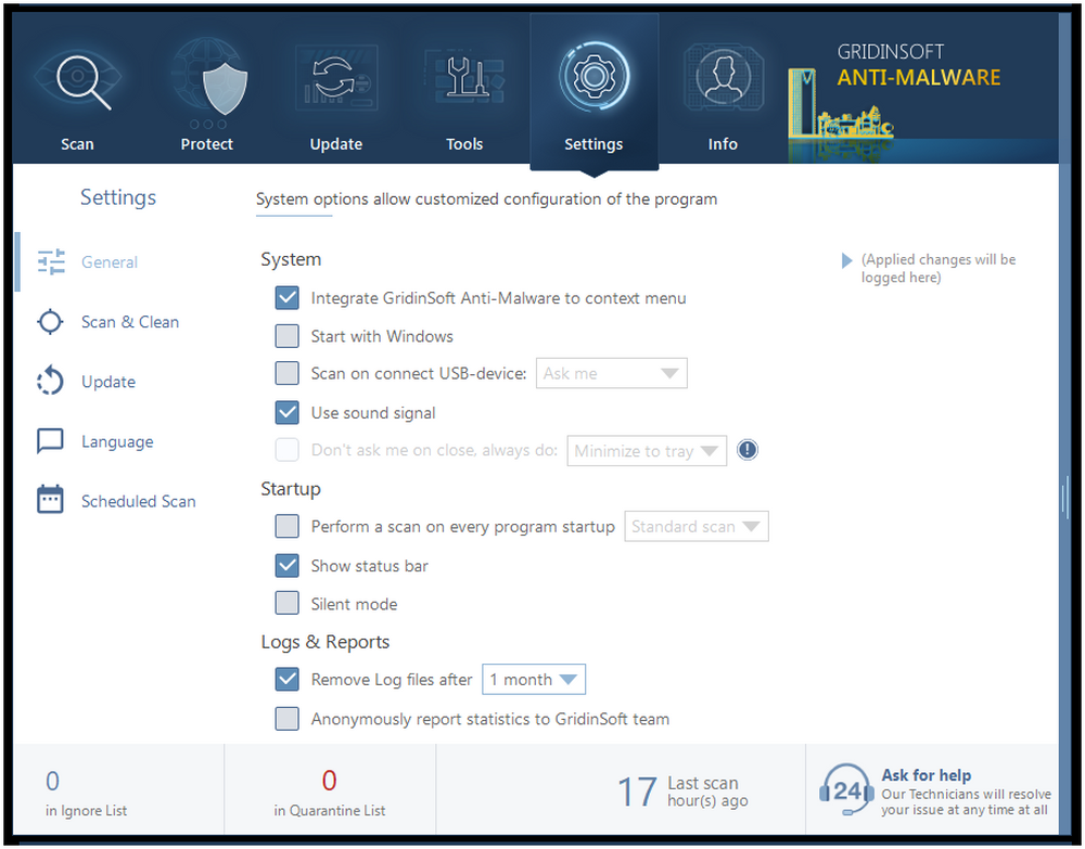 Configuración antimalware de GridinSoft