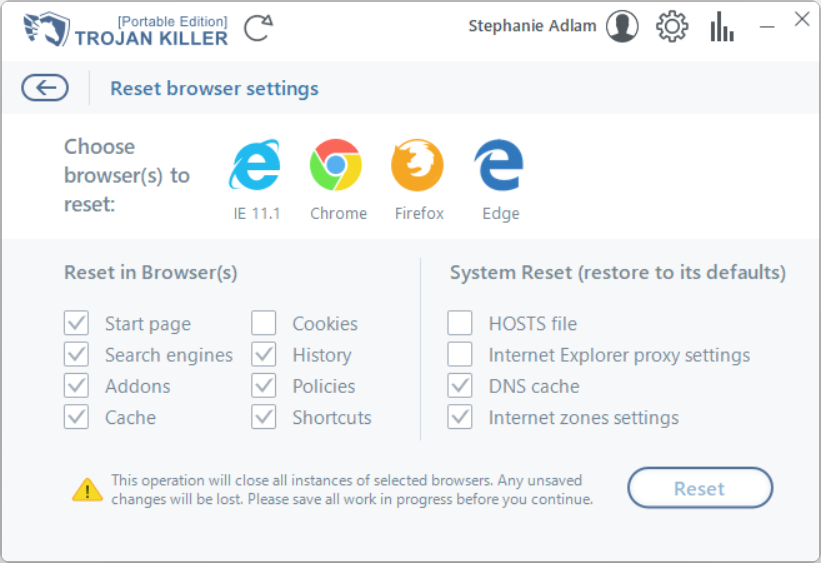 Restablecer navegadores Trojan Killer