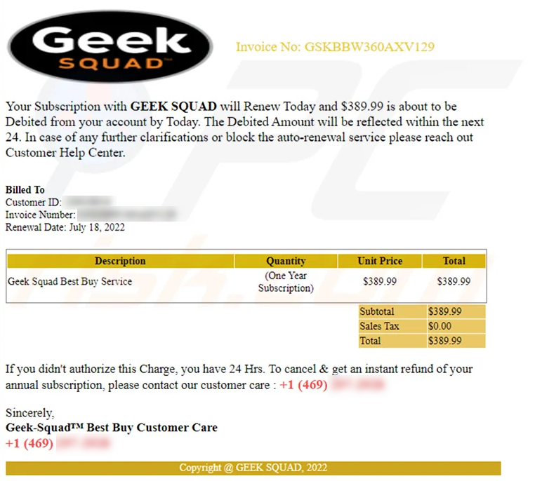Fake renewal Geek Squad Email Scam