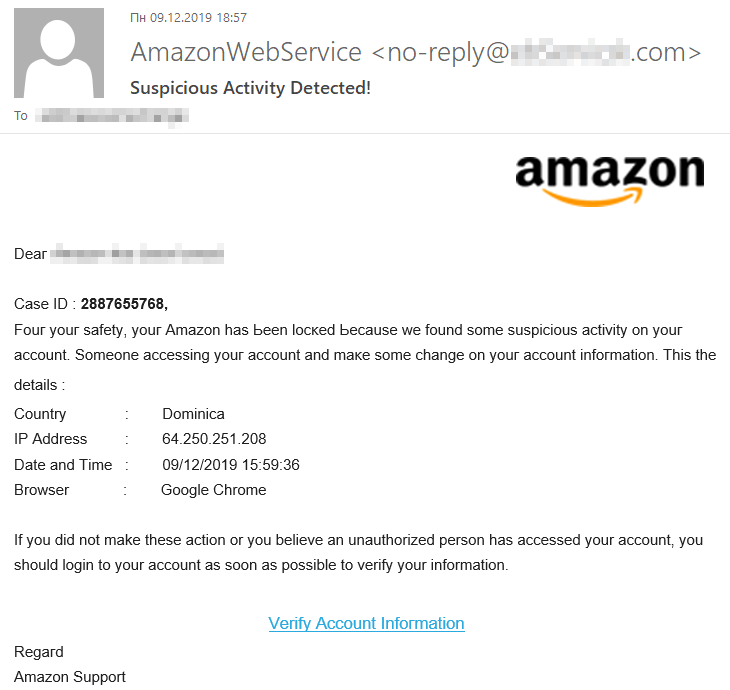 Phishing por correo electrónico en Amazon