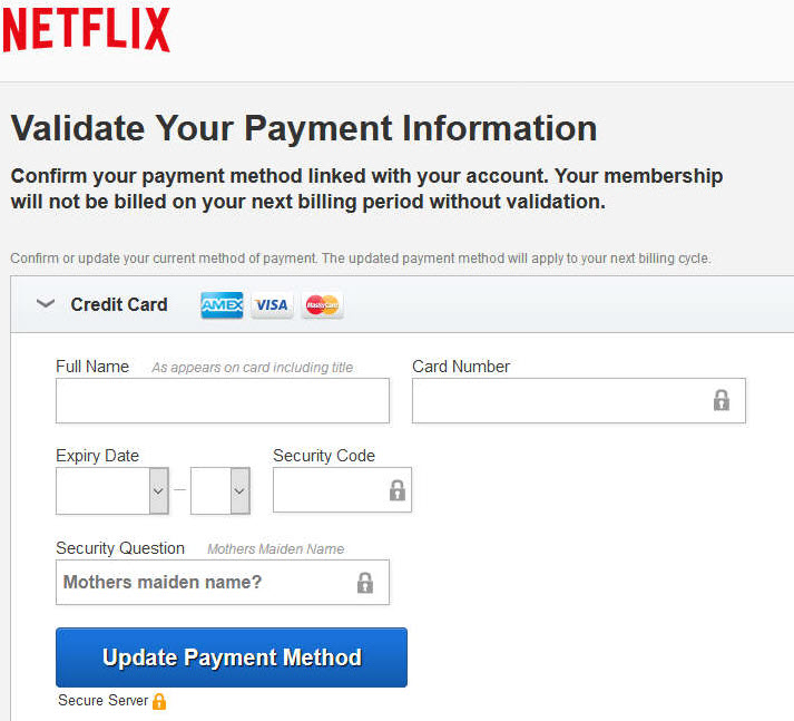 Estafa de Netflix: Solicitud de tarjeta falsa de Netflix
