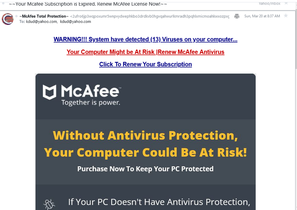 Correo electrónico fraudulento de McAfee