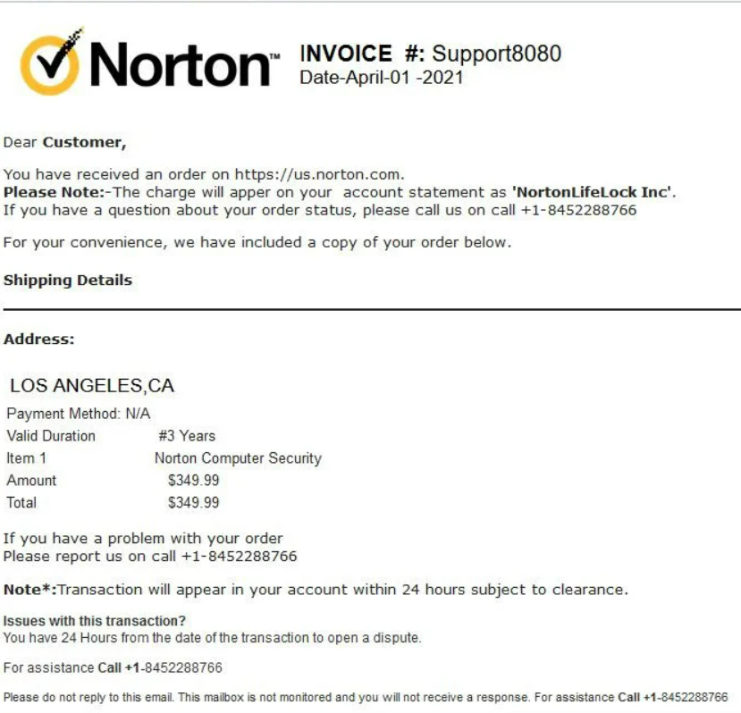 Correo electrónico fraudulento de Norton