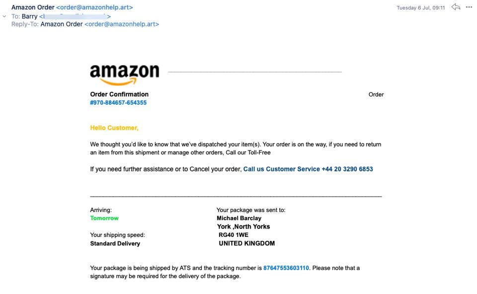 Aviso de entrega falso de Amazon