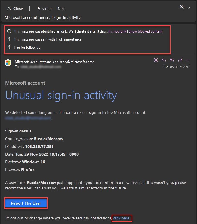 Se abrió un mensaje de estafa por correo electrónico de Microsoft