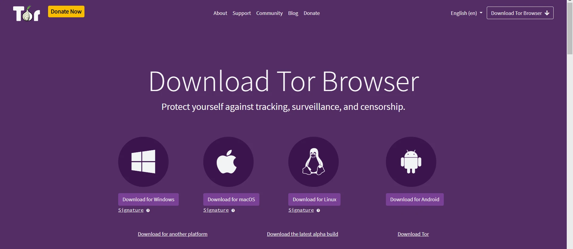 Página de descarga del navegador Tor