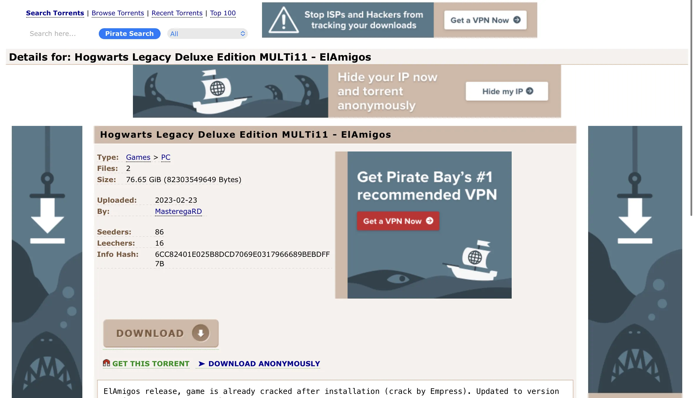 Un ejemplo de un juego popular en un sitio web pirata., cuyos archivos pueden contener malware dañino