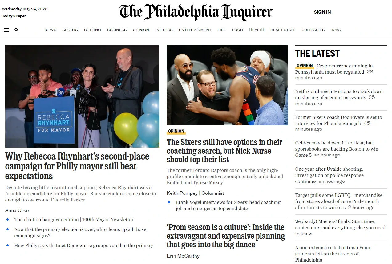 Captura de pantalla de una versión electrónica del Philadelphia Inquirer 