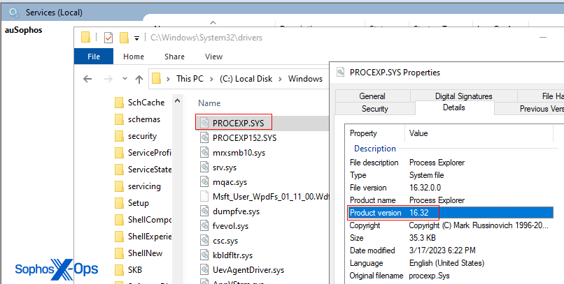 El controlador Process Explorer instalado maliciosamente, resaltado en rojo, en la carpeta Controladores junto con el controlador legítimo de Process Explorer, proxexp152.sys