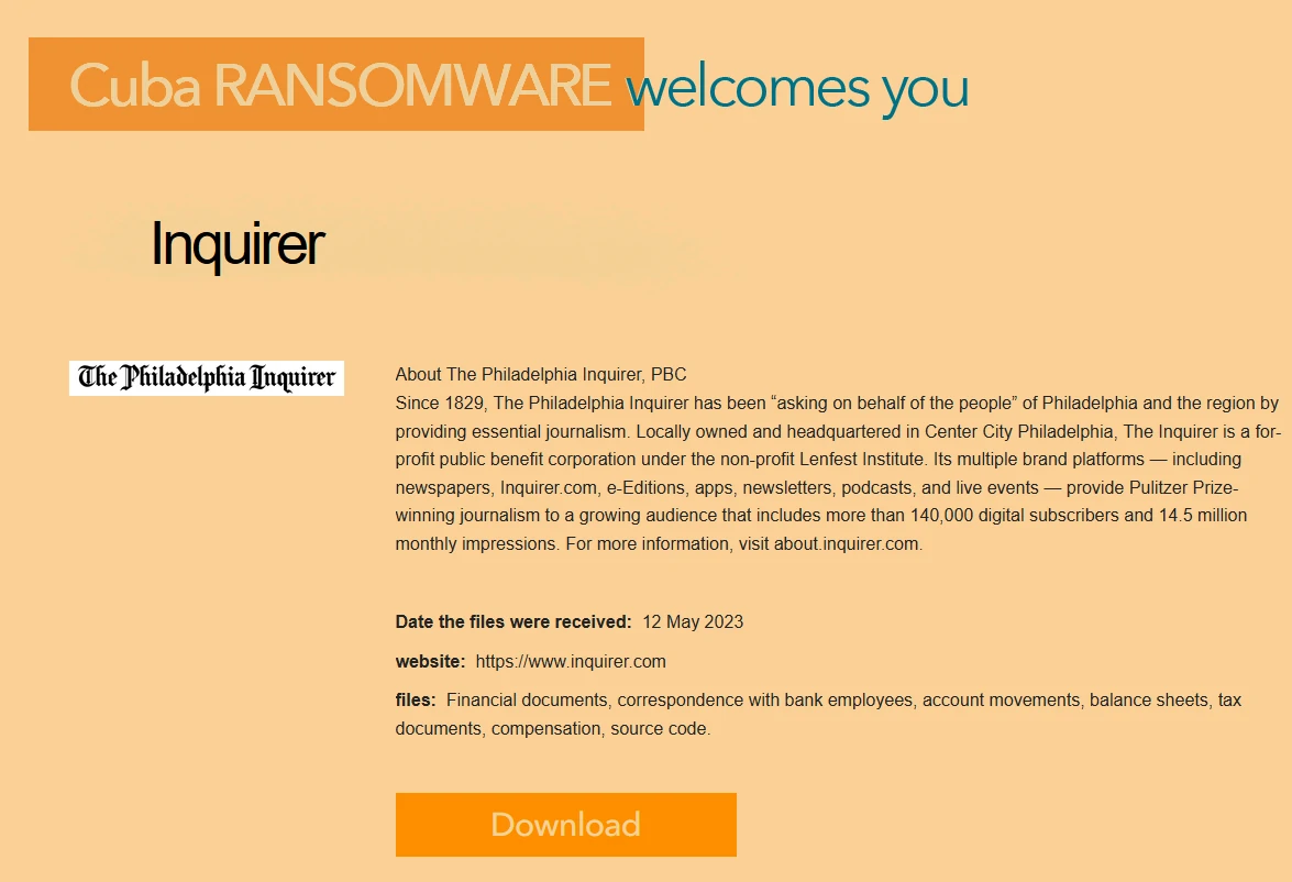Captura de pantalla de la publicación de datos en el sitio web del ransomware Cuba 