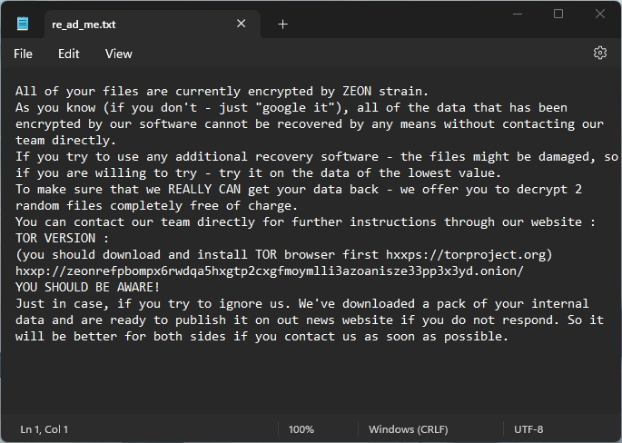 Captura de pantalla de la nota de rescate del ransomware Zeon