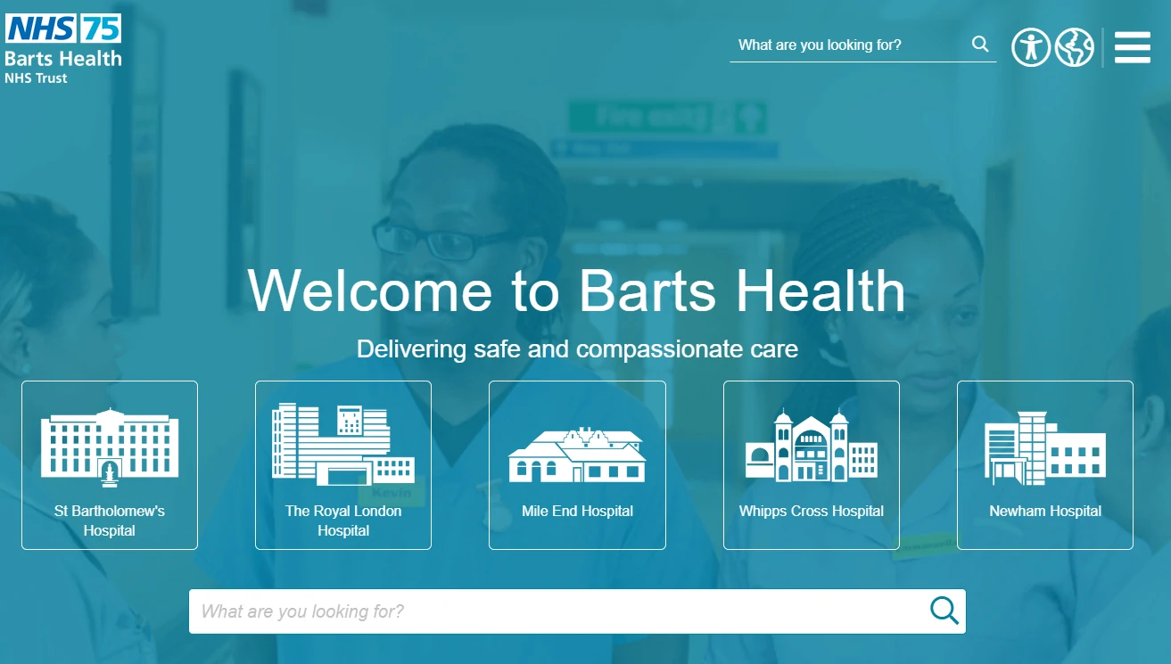 Captura de pantalla de la página de inicio de Barts Health NHS Trust