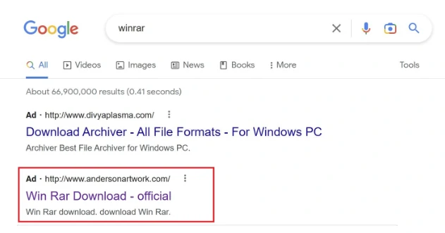 Anuncio falso de WinRar en el resultado de búsqueda de Google
