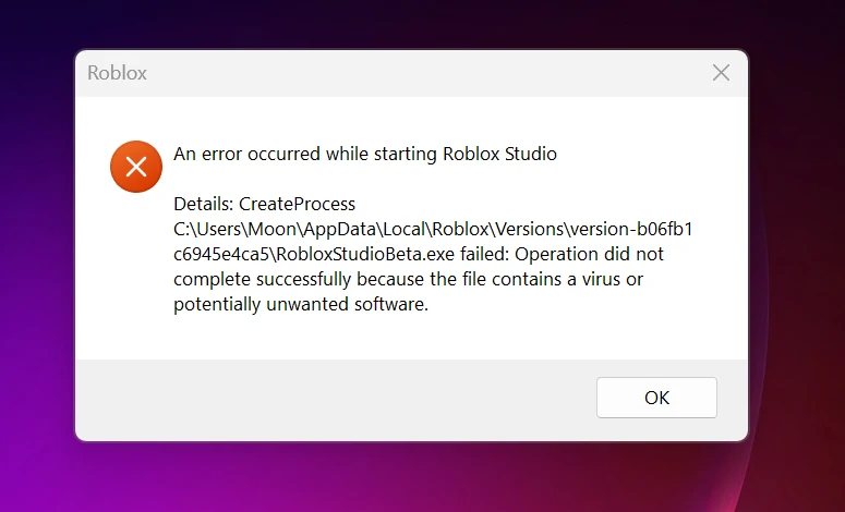 Error al iniciar la captura de pantalla de Roblox Studio