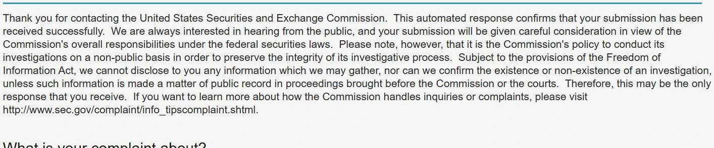 Captura de pantalla del recibo automatizado de la SEC para la presentación de la queja