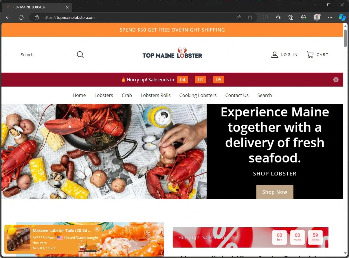 Captura de pantalla de la página principal de Topmainelobster.com
