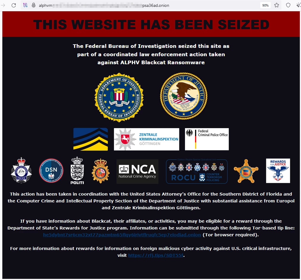 Banner del FBI del sitio ALPHV
