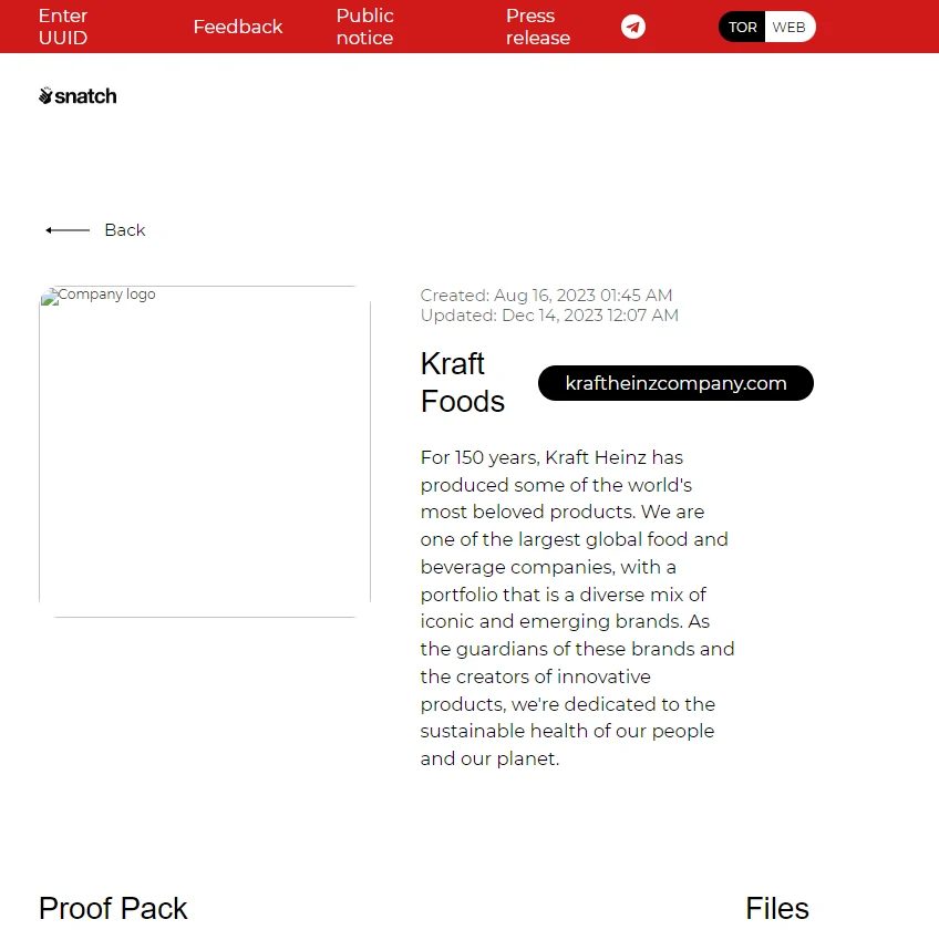 Publicación sobre KraftHeinz en la captura de pantalla del sitio de filtración de Snatch