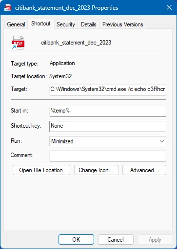 Captura de pantalla de archivo de acceso directo malicioso