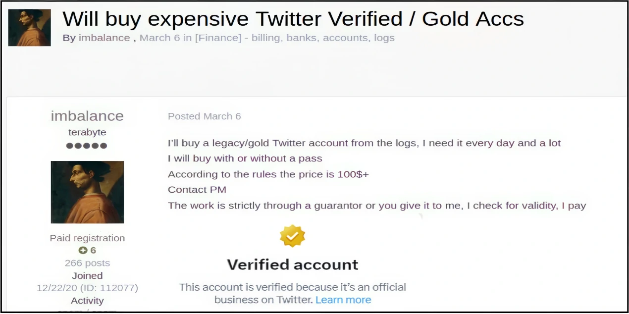 Captura de pantalla de actores de amenazas que anuncian para comprar cuentas de Twitter Gold en mercados de la web oscura