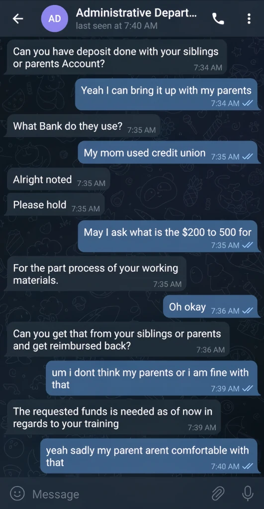 Captura de pantalla de Telegram donde los estafadores piden un pago por adelantado