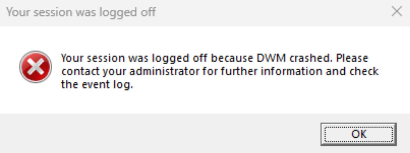 Error: Su sesión se cerró porque DWM falló 