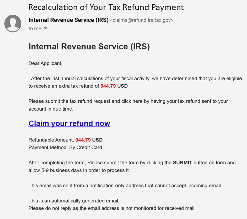 Captura de pantalla de correo electrónico de phishing del IRS