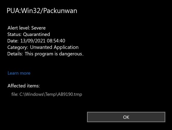 PUA:Captura de pantalla de detección de Win32/Packunwan