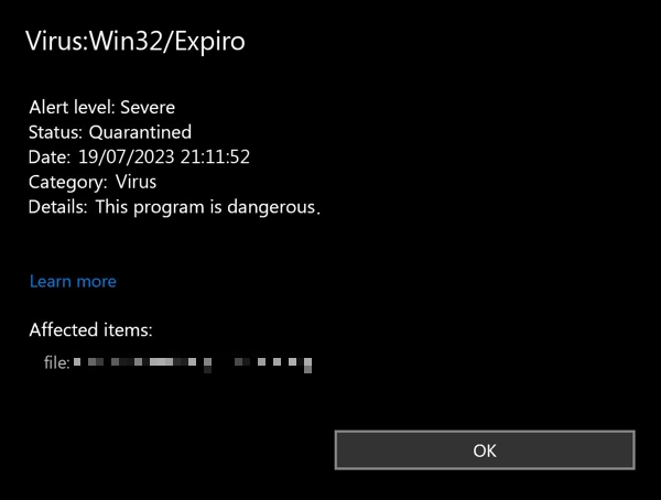 Virus:Captura de pantalla de detección de Win32/Expiro