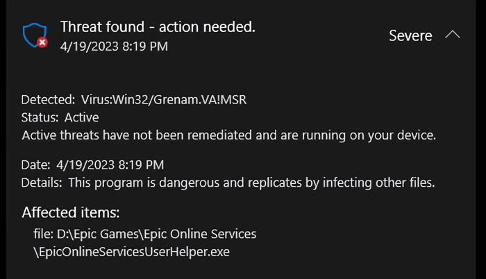 Virus:Win32/Grenam.VA!Captura de pantalla de la ventana de detección de MSR