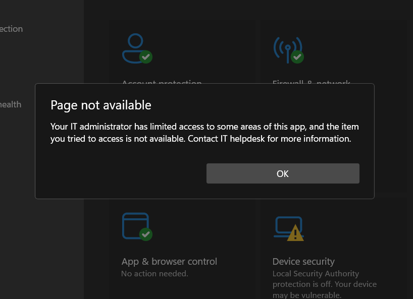 Captura de pantalla "Página de protección contra virus y amenazas no disponible"