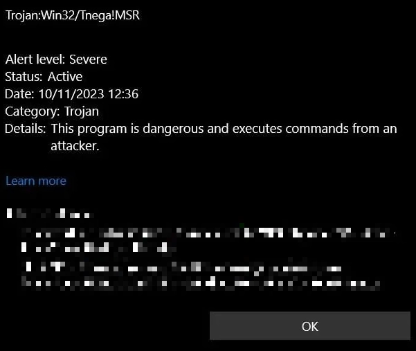 Trojan:Win32/Tnega!Captura de pantalla de la ventana de detección de MSR