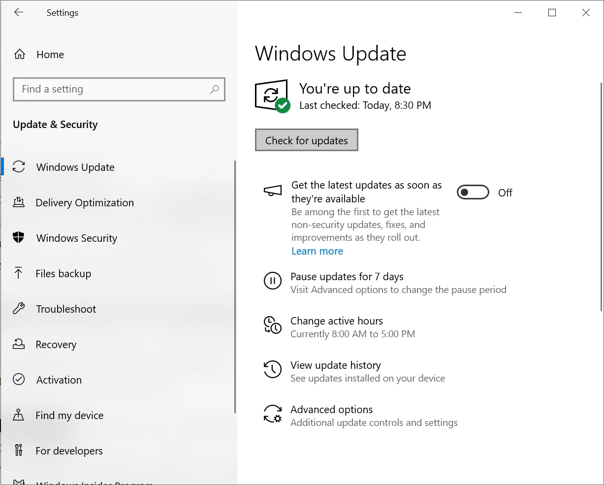 Captura de pantalla de la página de actualización de Windows