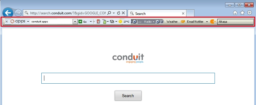 Barra de herramientas de Conduit y captura de pantalla de la página de inicio