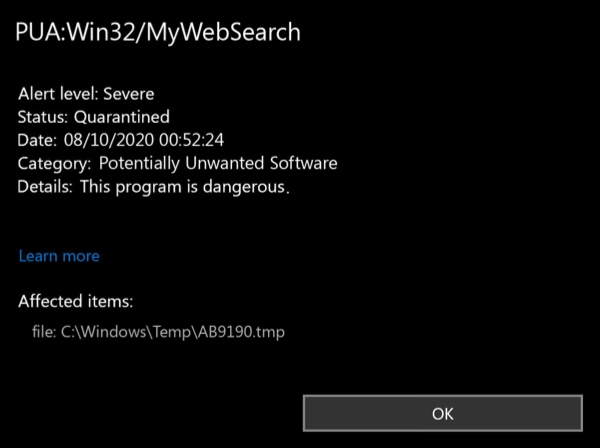 PUA:Captura de pantalla de la ventana de detección de Win32/MyWebSearch