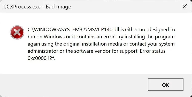 Captura de pantalla del error MSVCP140.dll