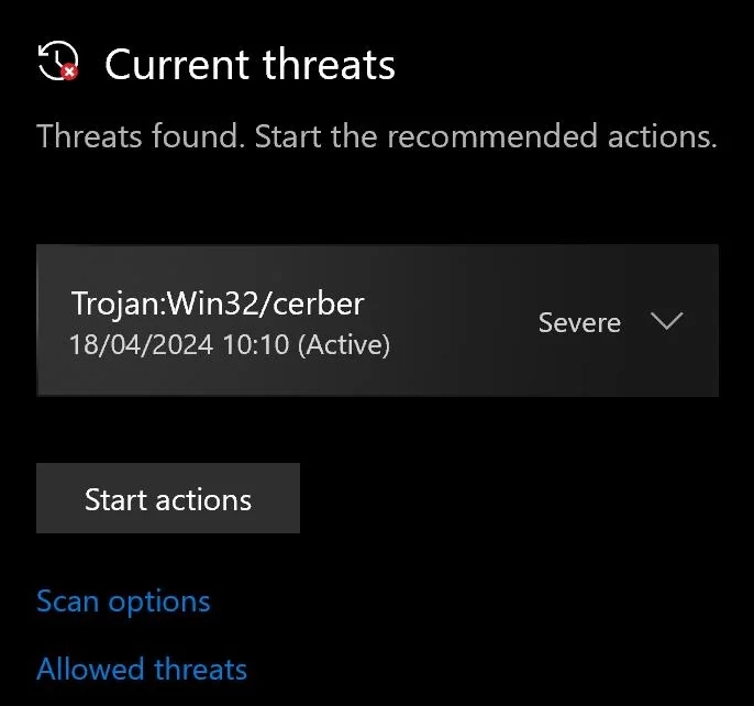 Trojan:Captura de pantalla de detección de Win32/Cerber