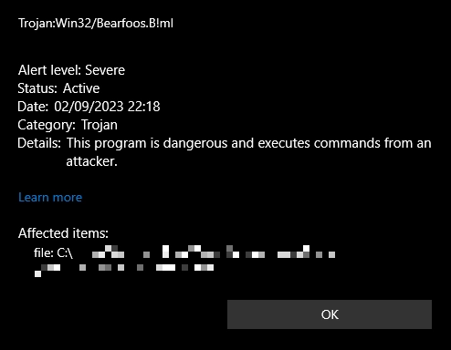 Trojan:Win32/Bearfoos.B!captura de pantalla de detección de ml