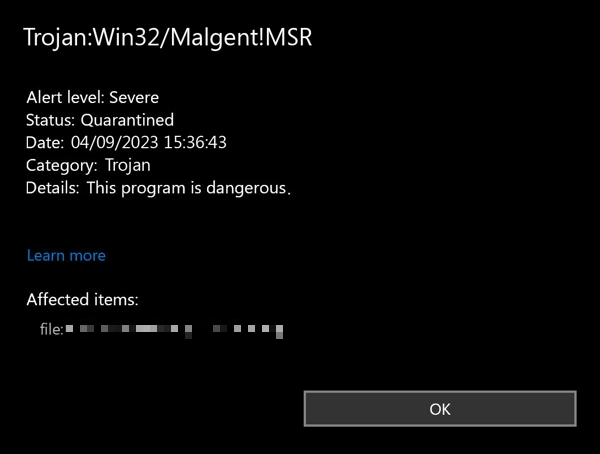 Trojan:Win32/Malgent!Captura de pantalla de detección de MSR