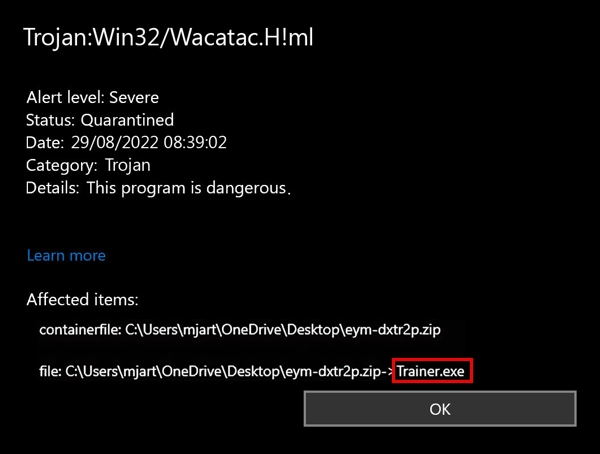 Captura de pantalla de notificación de detección de Trojan:Win32/Wacatac.H!ml