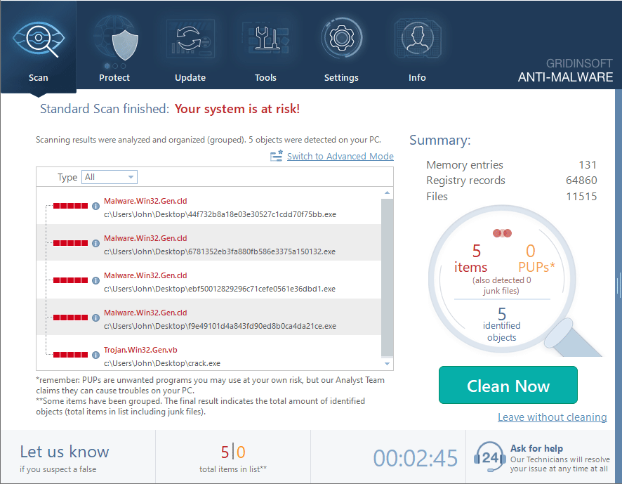 Resultado del análisis GridinSoft Anti-Malware