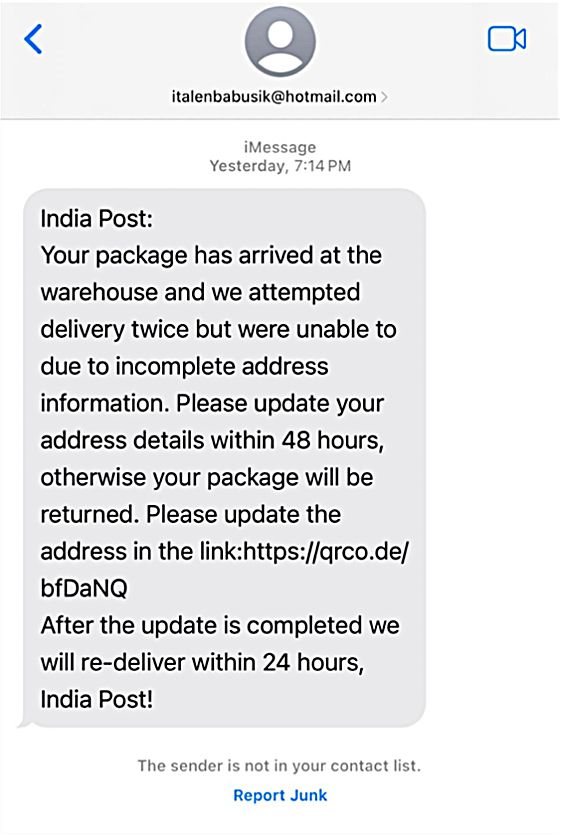 Ejemplo de Smishing de India Post