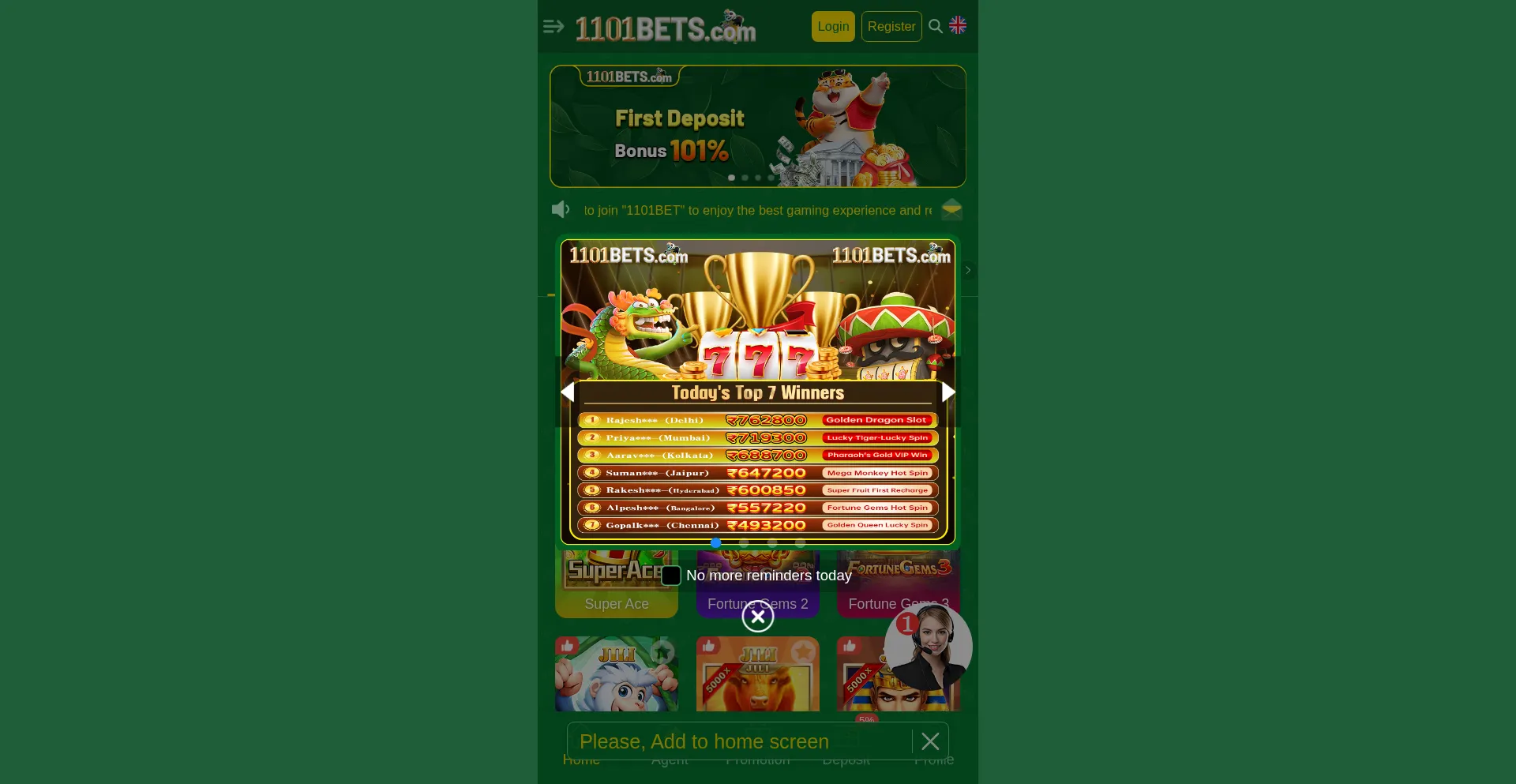 Website screenshot of 1101bets.com