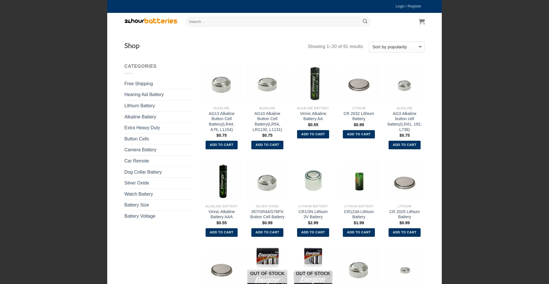 Website screenshot of 24hourbatteries.com