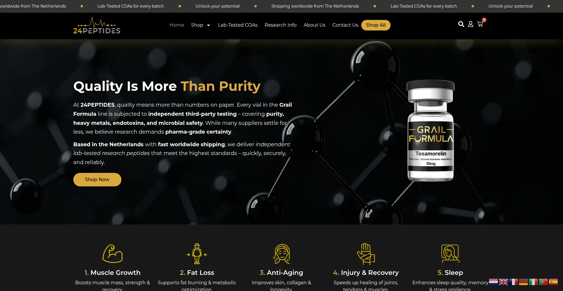 Website screenshot of 24peptides.com
