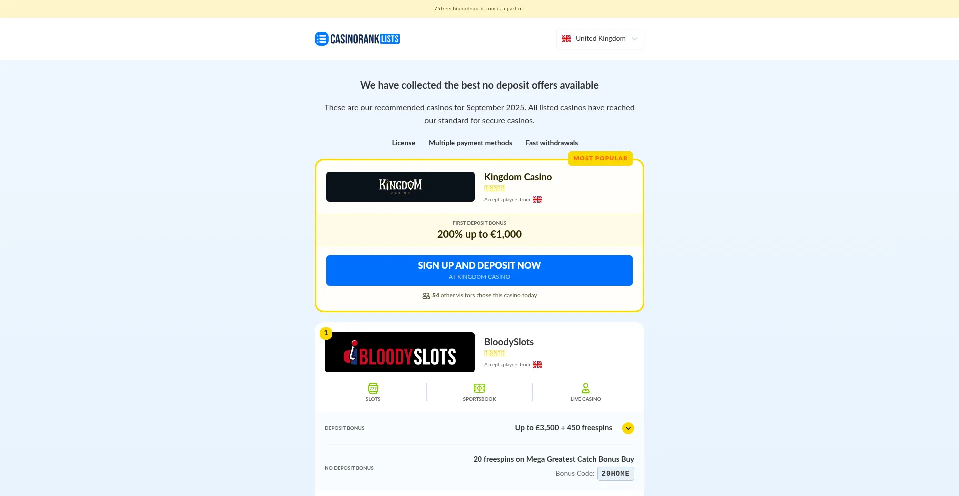 ¿És Seguro y Confiable 75freechipnodeposit.com?