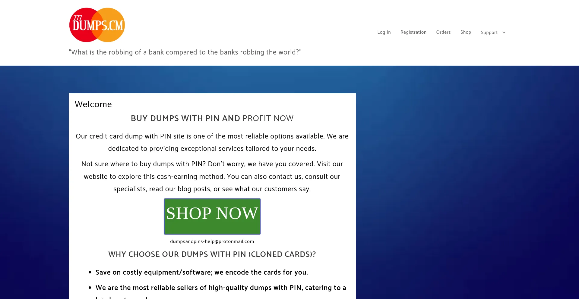Website screenshot of 777dumps.cm