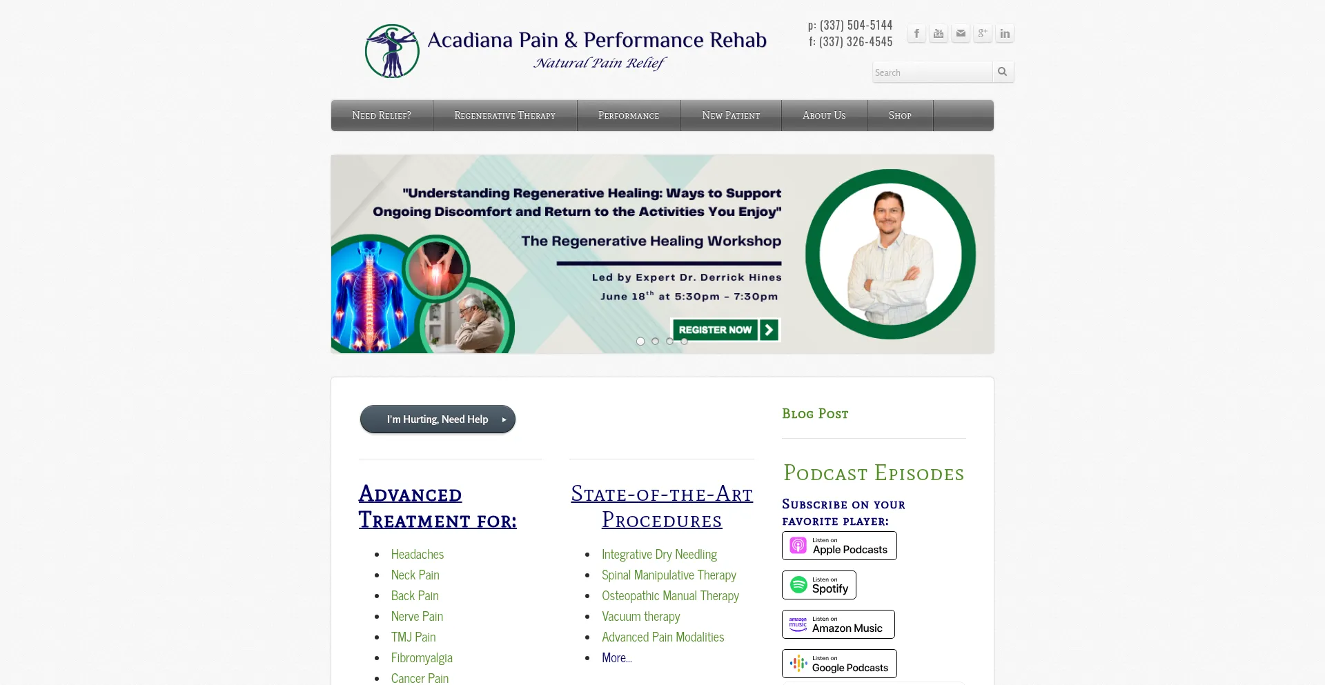 Website screenshot of Acadianapain.com