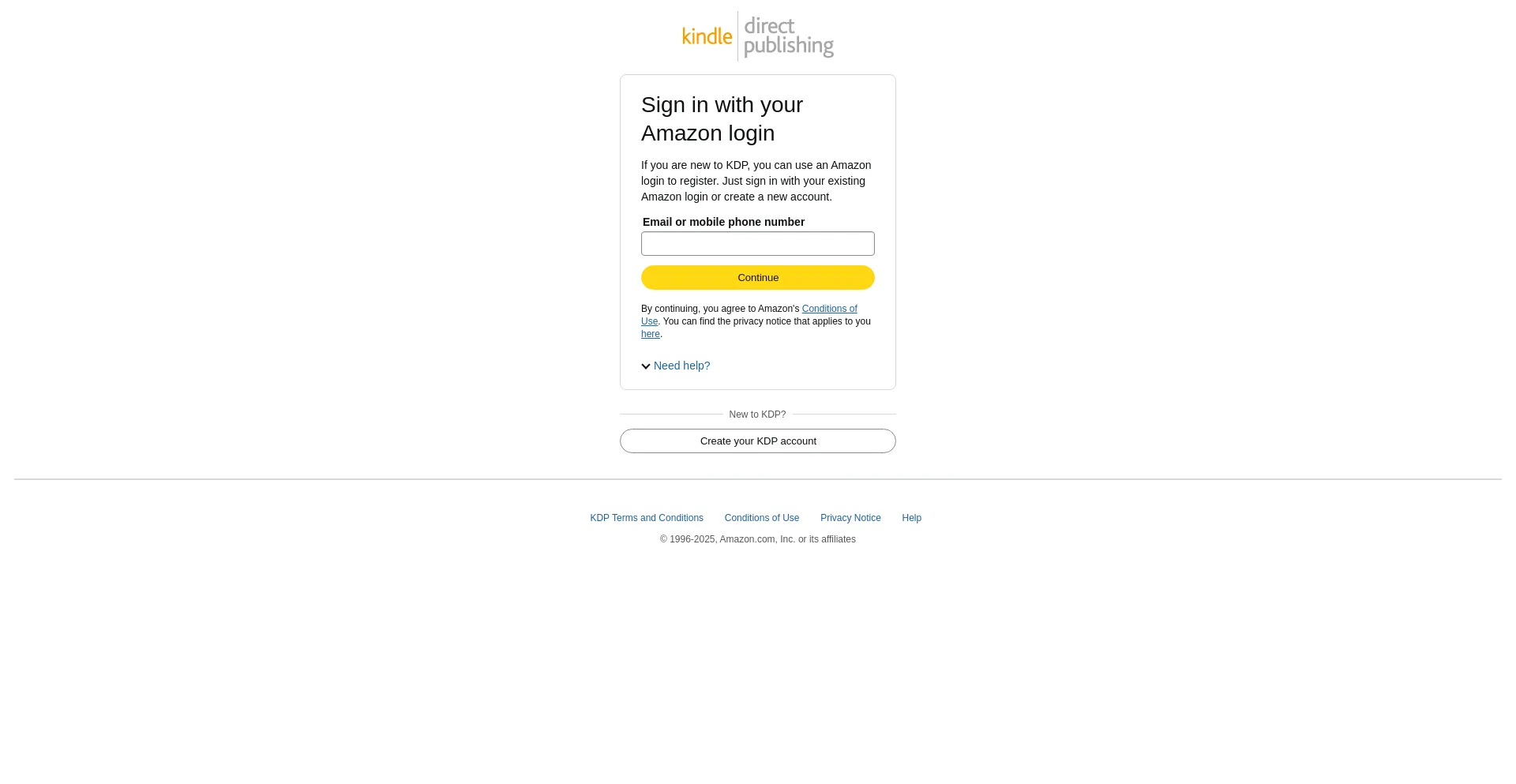 Website screenshot of Account.kdp.amazon.com